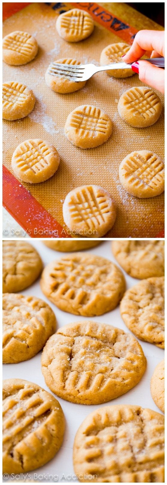 2 images of hand using a fork to criss cross tops of peanut butter cookies on a silpat baking mat and baked peanut butter cookies