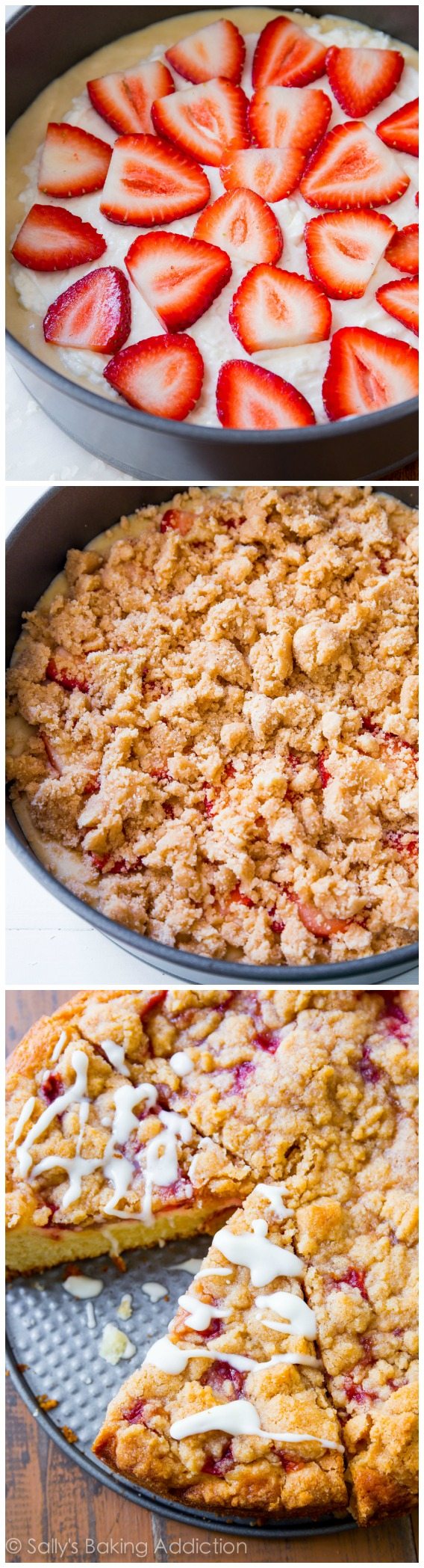 3 images showing how to make glazed strawberry crumb cake