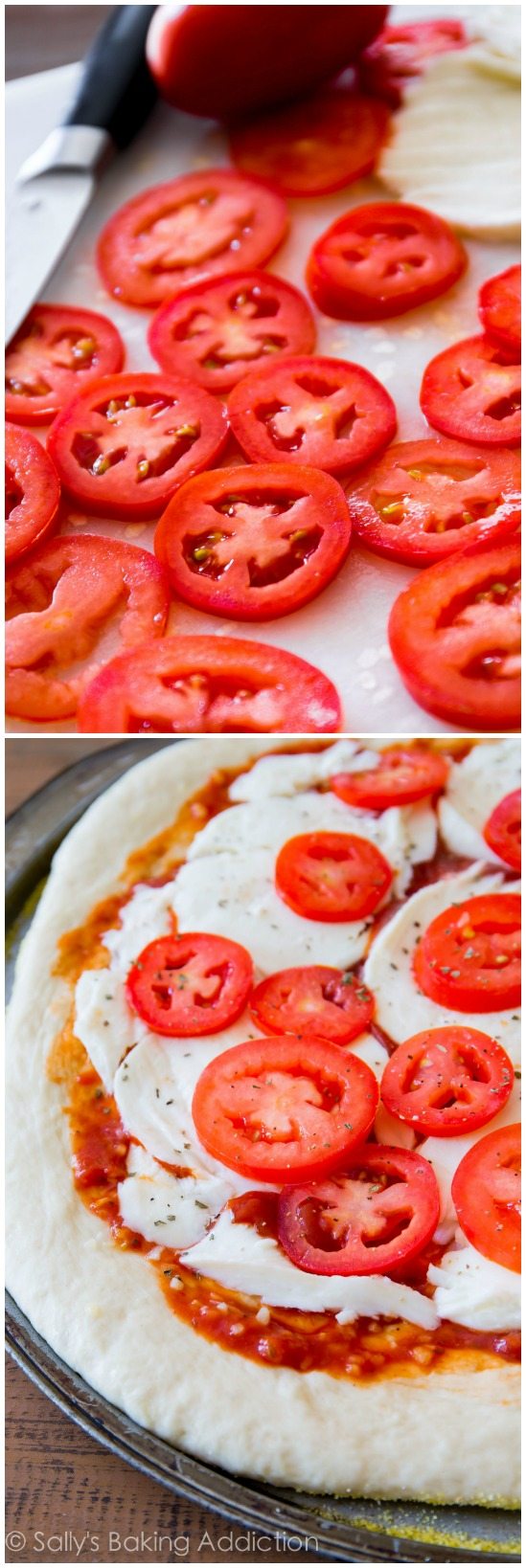 2 images of sliced tomatoes and tomatoes on top of pizza crust with sauce and cheese