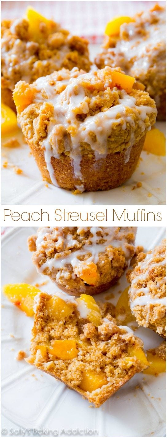 2 images of peach streusel muffins