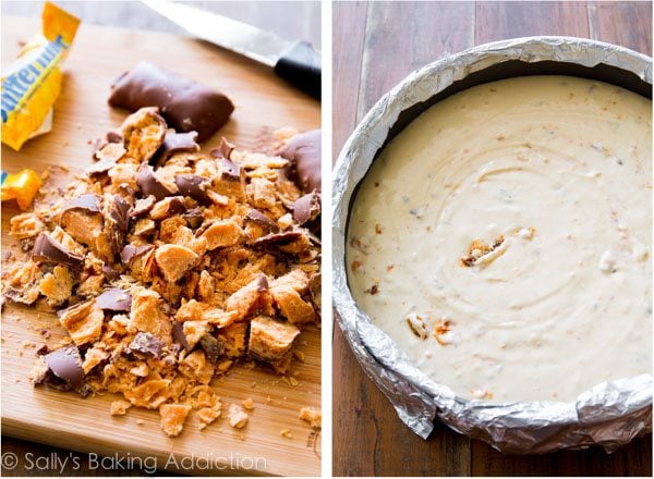 2 images of chopped Butterfinger candy bars on a wood cutting board and peanut butter Butterfinger cheesecake in a springform pan before baking