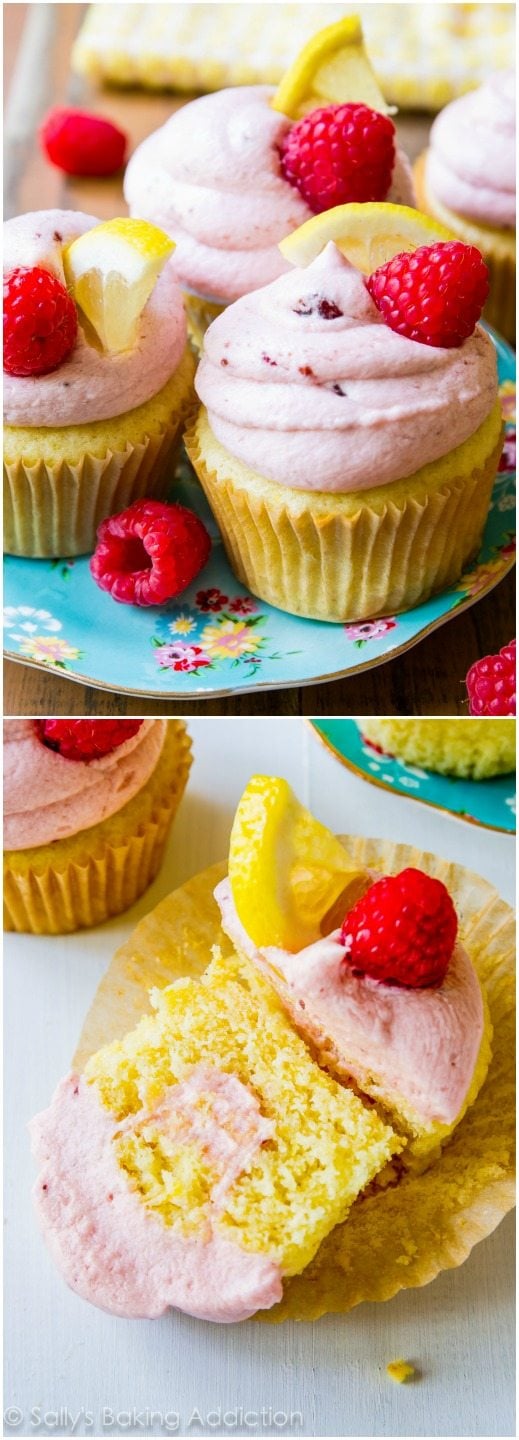 2 images of lemon cupcakes with raspberry frosting