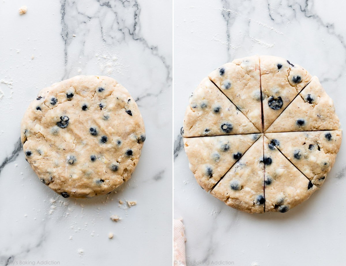 2 images of blueberry scone dough in a circle and dough circle cut into triangle wedges