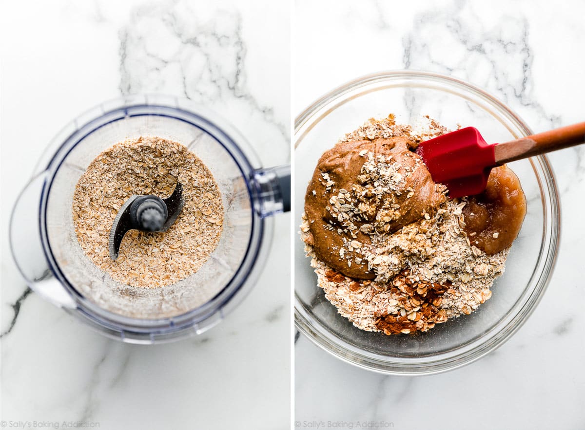 two photos of almond butter oat streusel mixture