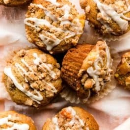 peach muffins with streusel crumb topping.