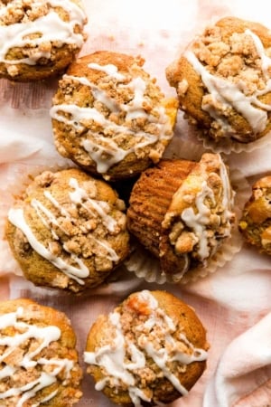 peach muffins with streusel crumb topping.