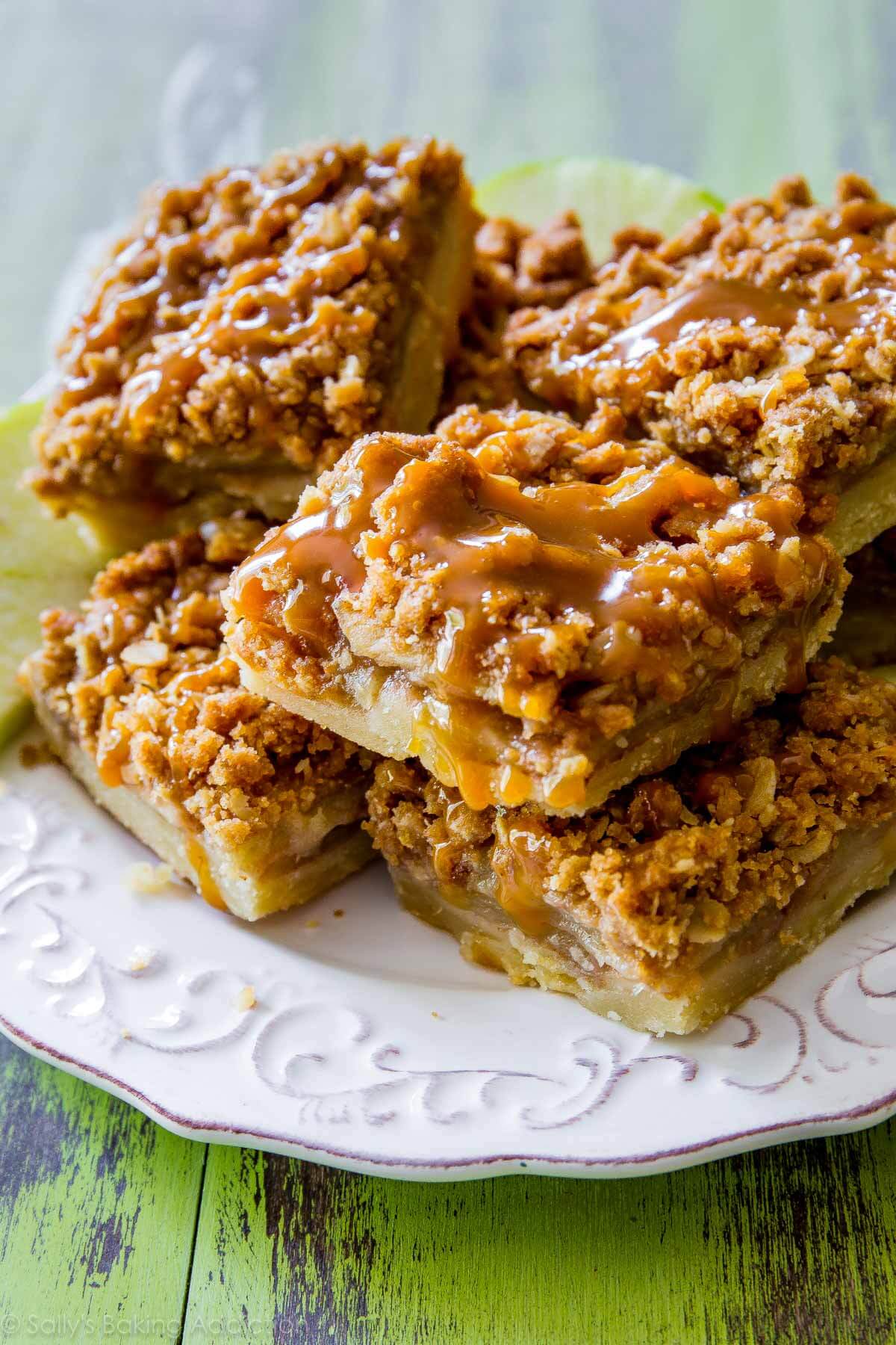 salted caramel apple pie bars on a white plate