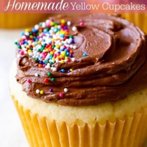 yellow cupcakes topped with milk chocolate frosting and sprinkles