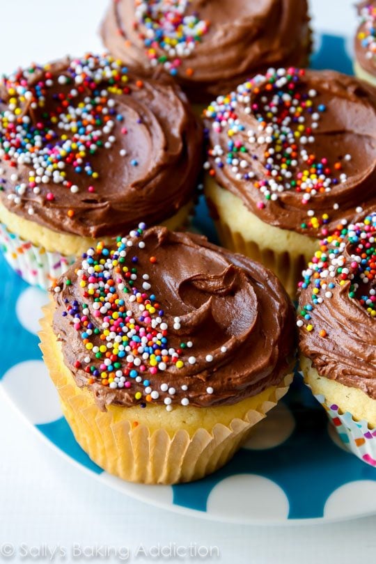 yellow cupcakes topped with milk chocolate frosting and sprinkles on a blue and white plate