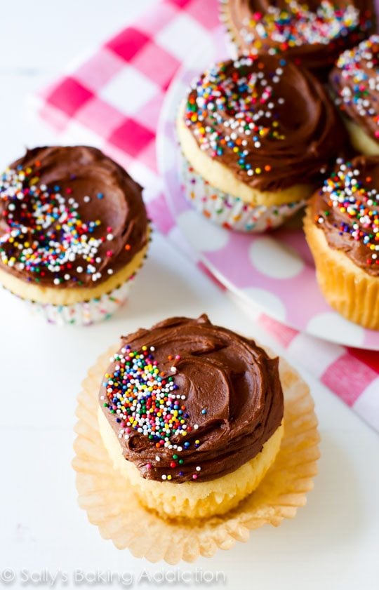 overhead image of yellow cupcakes topped with milk chocolate frosting and sprinkles