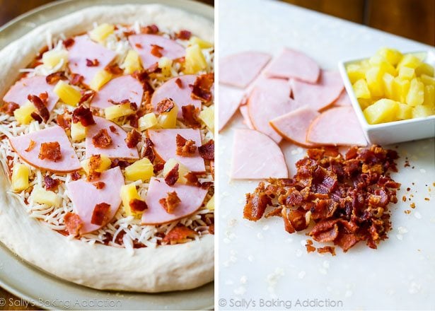 2 images of Hawaiian pizza assembled before baking and toppings for Hawaiian pizza on a white cutting board
