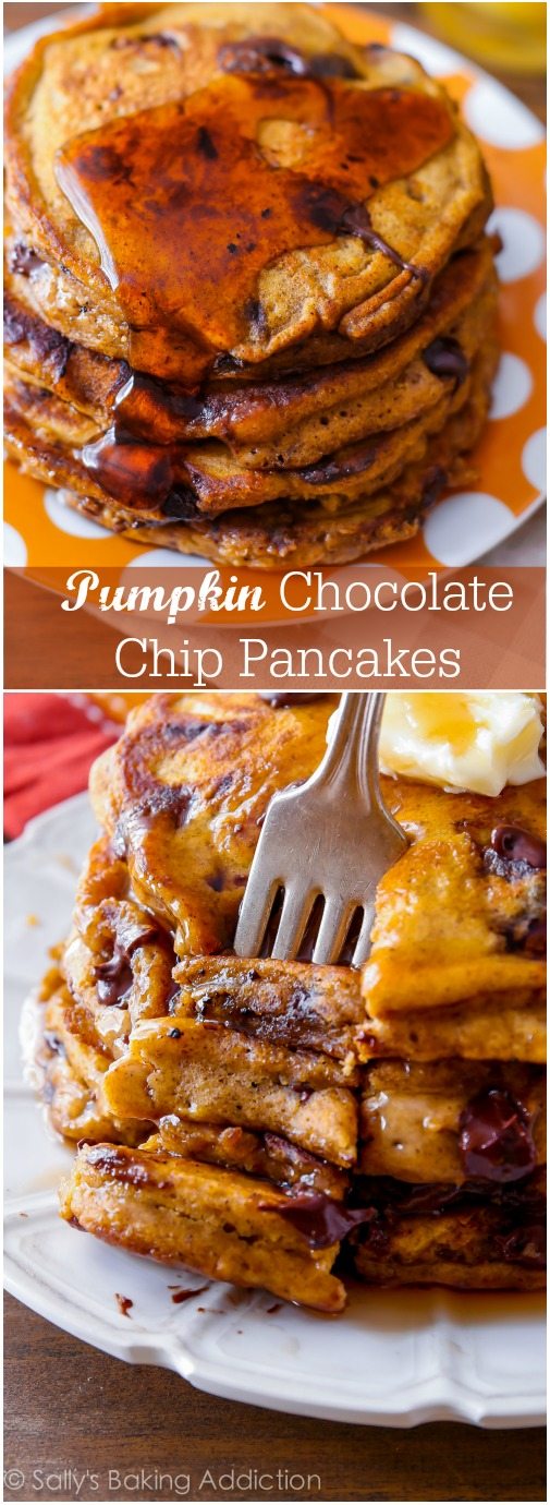 2 images of stacks of pumpkin chocolate chip pancakes topped with maple syrup