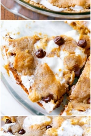 3 images of s'mores chocolate chip cookie cake
