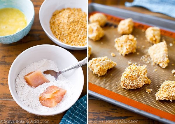 2 images of chicken pieces in a bowl of flour and pretzel coated chicken pieces on a silpat baking mat on a baking sheet