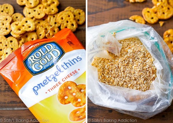 2 images of a package of pretzel thins and crushed pretzel thins in a ziploc bag