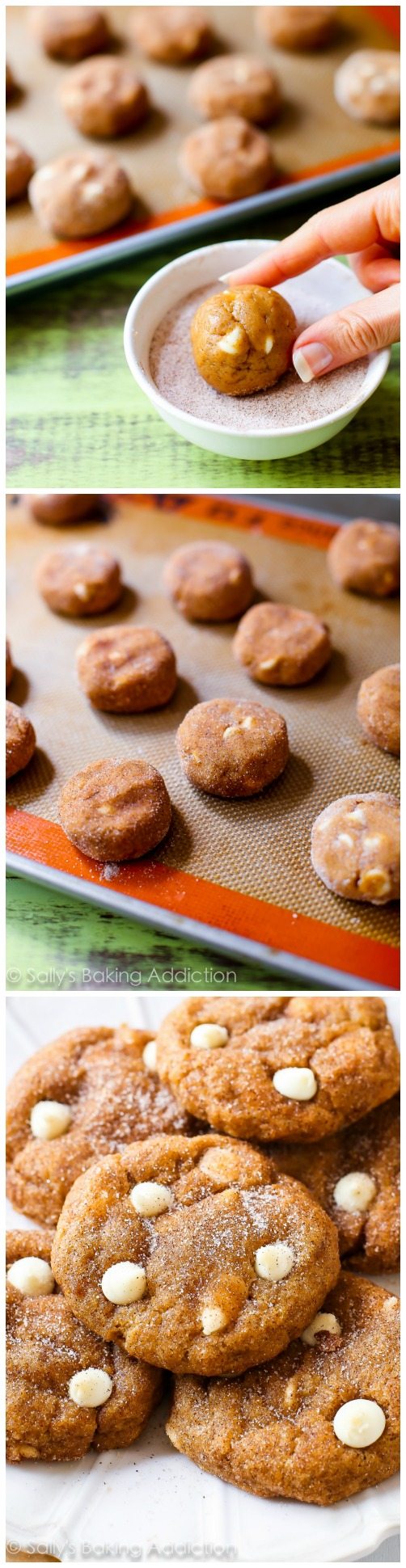 3 images showing how to make white chocolate pumpkin snickerdoodles