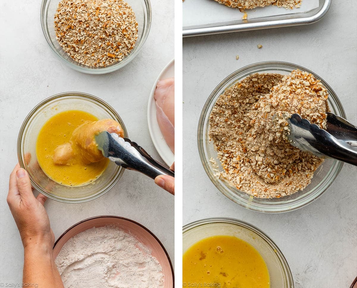 coating the chicken in egg, then in pretzel crumbs.