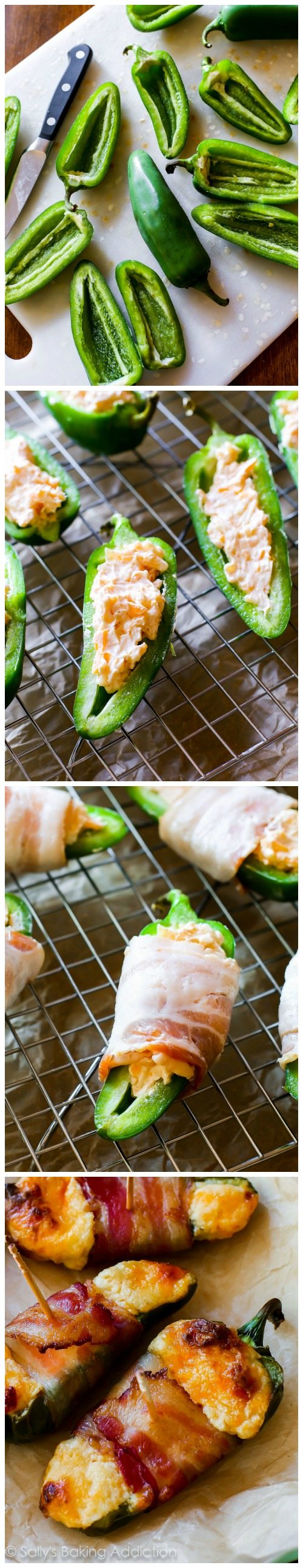 4 images showing how to make bacon wrapped cheesy stuffed jalapeños