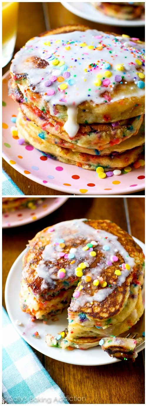 2 images of stacks of funfetti buttermilk pancakes topped with vanilla icing and sprinkles on plates