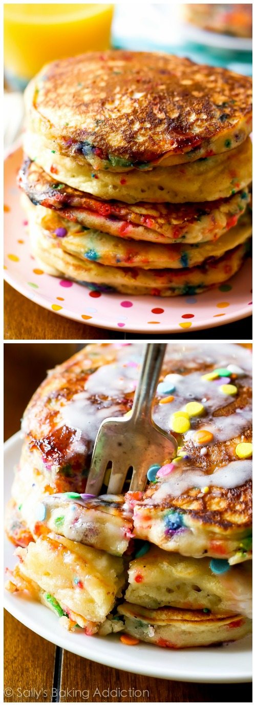 2 images of stacks of funfetti pancakes on plates