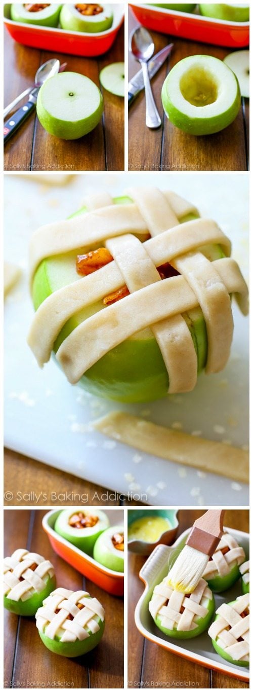collage of 5 images showing how to core an apple and lattice pie crust on an apple