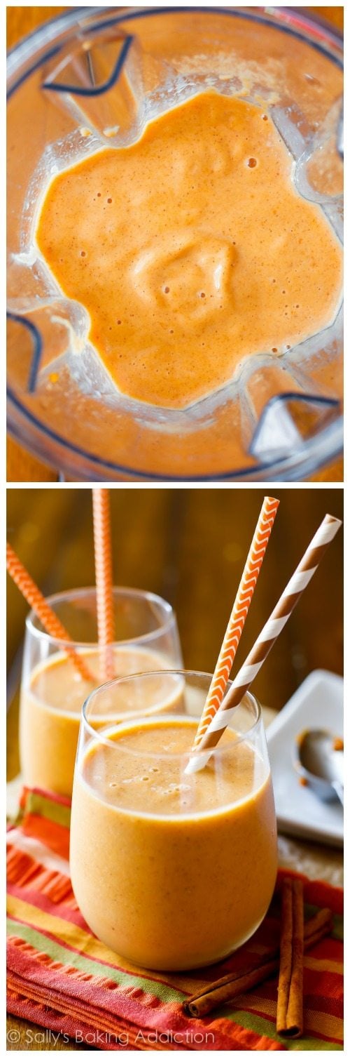 2 images of pumpkin pie protein smoothie in blender and in a glass with straws