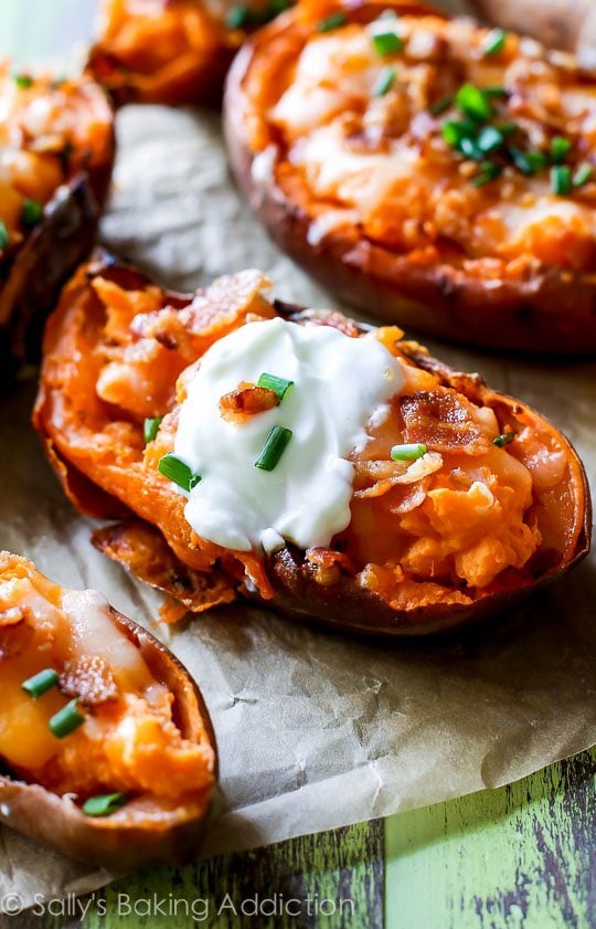 loaded sweet potato skins topped with sour cream