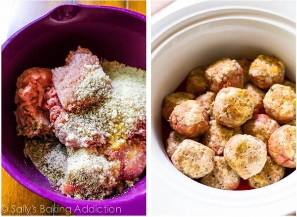 2 images of turkey meatball ingredients in a purple bowl and turkey meatballs in a slow cooker