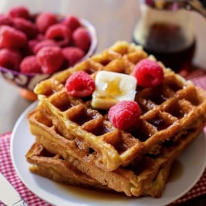 stack of buttermilk waffles with raspberries on a cream plate