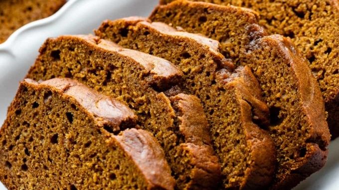 sliced pumpkin bread on white plate.