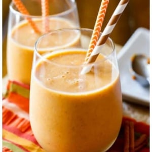 3 images of pumpkin pie protein smoothies in glasses with straws
