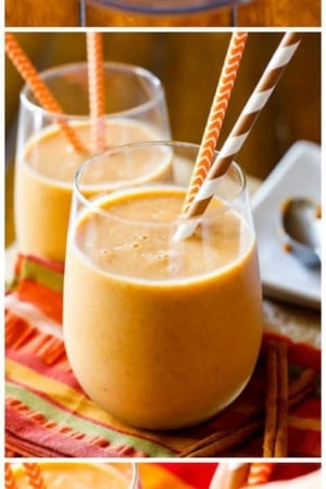 3 images of pumpkin pie protein smoothies in glasses with straws