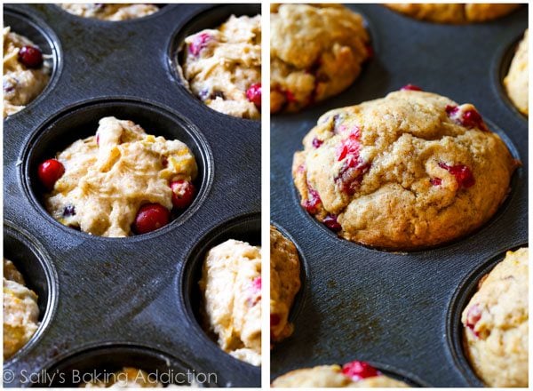 2 images of cranberry orange muffin batter in a muffin pan and baked cranberry orange muffins in a muffin pan