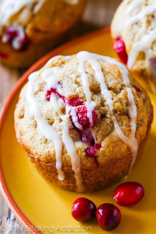cranberry orange muffins on a yellow plate