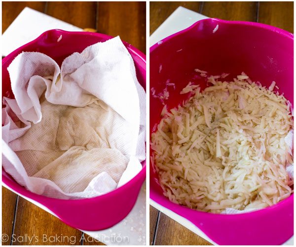 2 images of grated potatoes wrapped in paper towel in a pink bowl and grated potatoes in a pink bowl