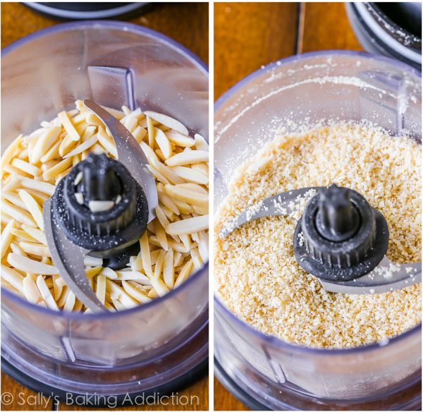 2 images of almond slivers in a food processor and ground almonds in a food processor