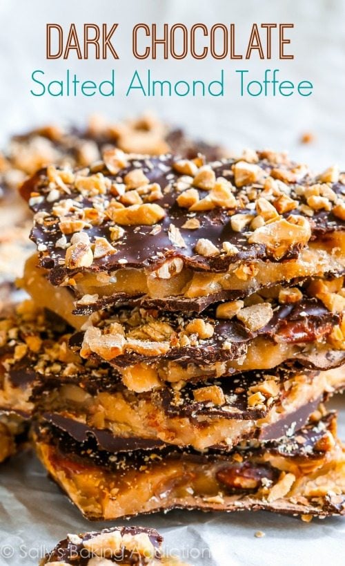 stack of pieces of salted dark chocolate almond toffee