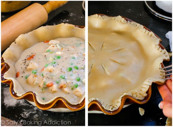 2 images of pie dough in a pie dish filled with pot pie filling and top pie crust placed onto pie dish with hands crimping edges of pie crust with a fork