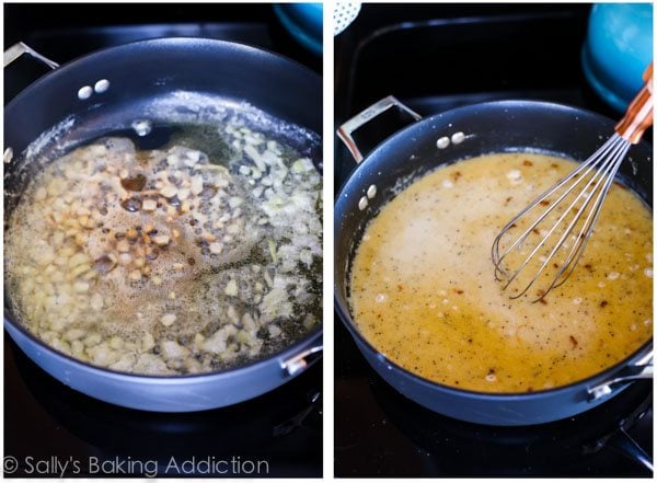 2 images of onion and garlic with butter in a skillet and thick gravy mixture in a skillet