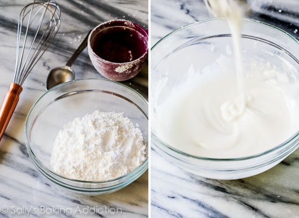 2 images of dry icing ingredients in a glass bowl and icing in a glass bowl