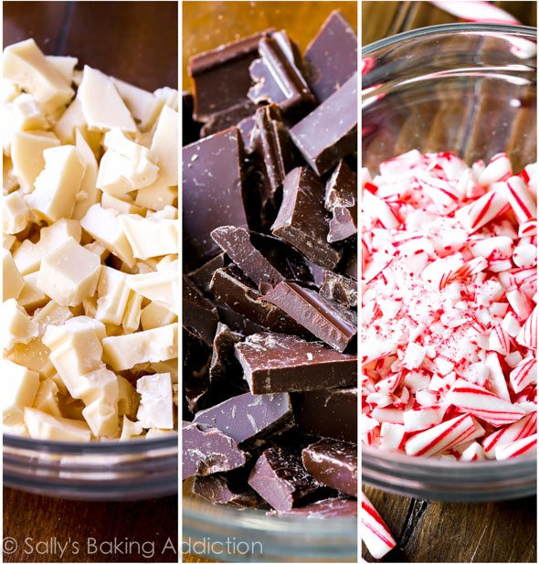 3 images of ingredients for peppermint bark including white and dark chocolate and crushed candy canes