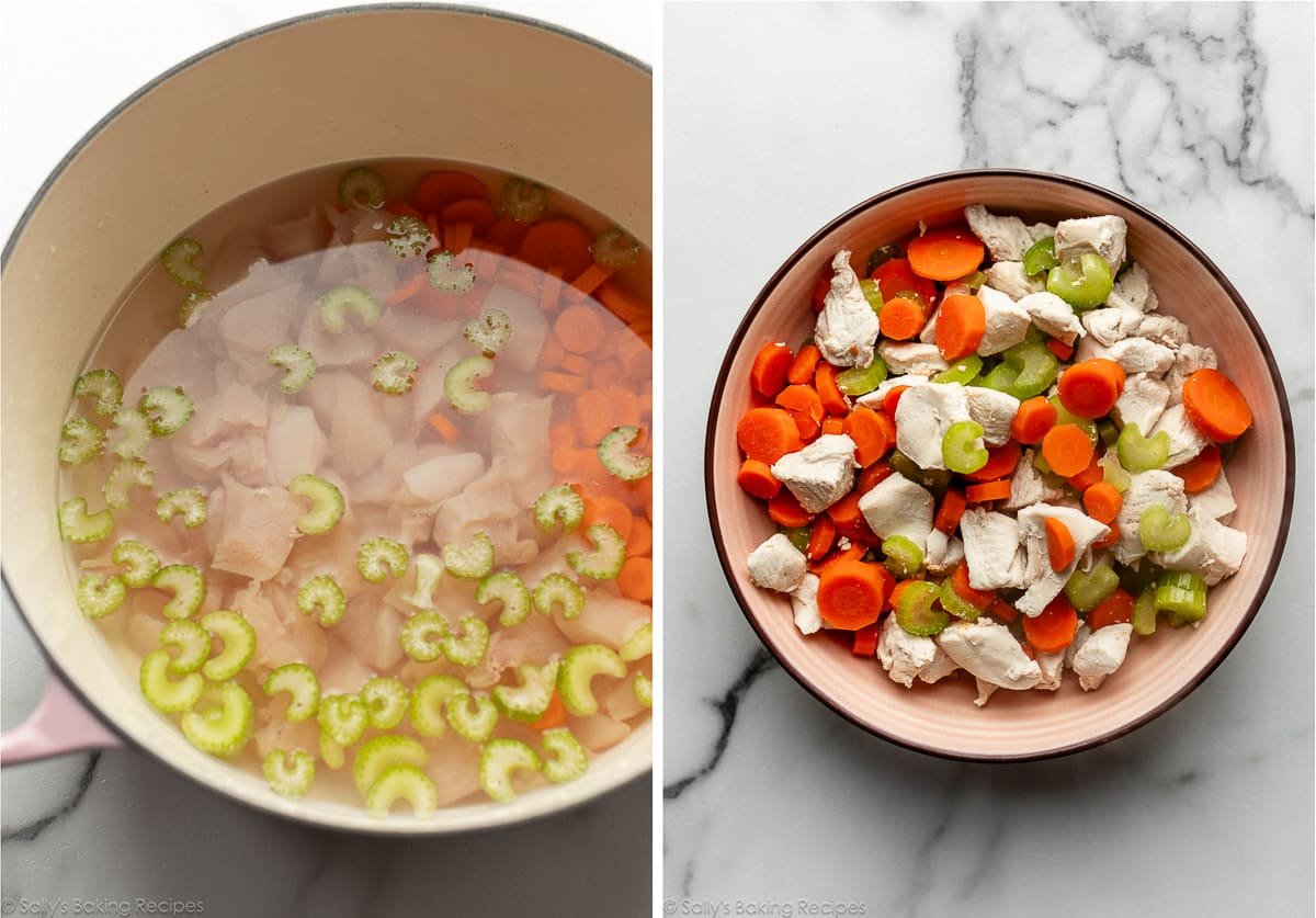 chicken, celery, and carrots in water and shown again cooked in pink bowl.