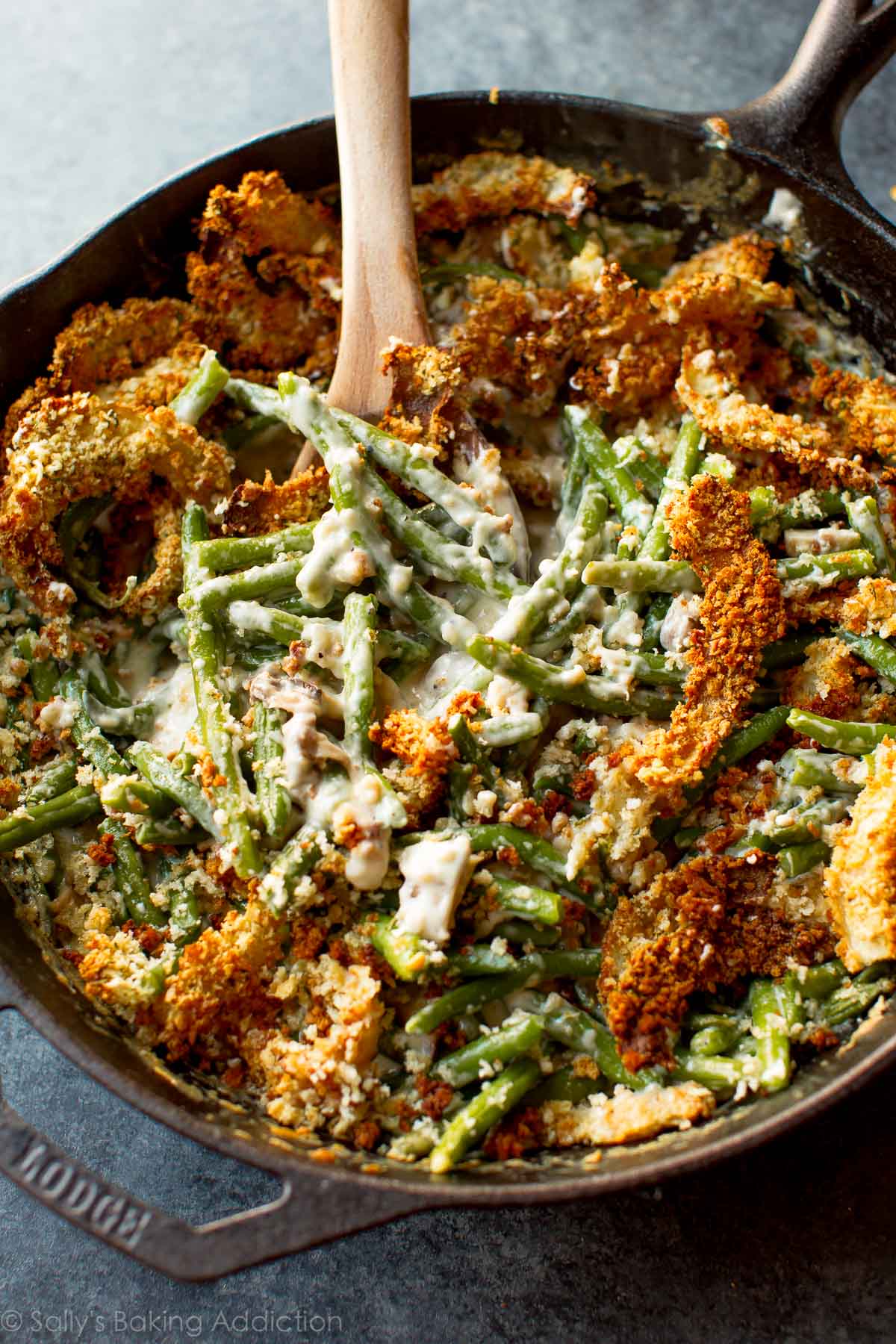 Casserole of green beans with crispy onions