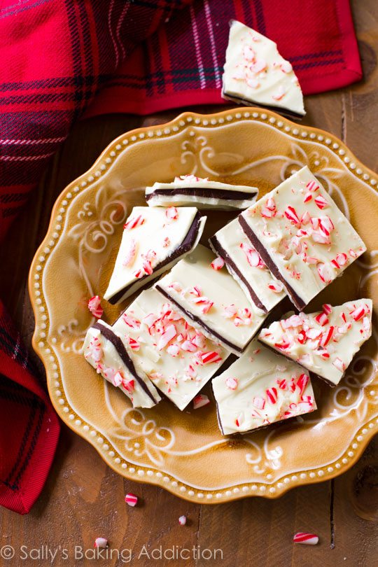 peppermint bark on a gold plate
