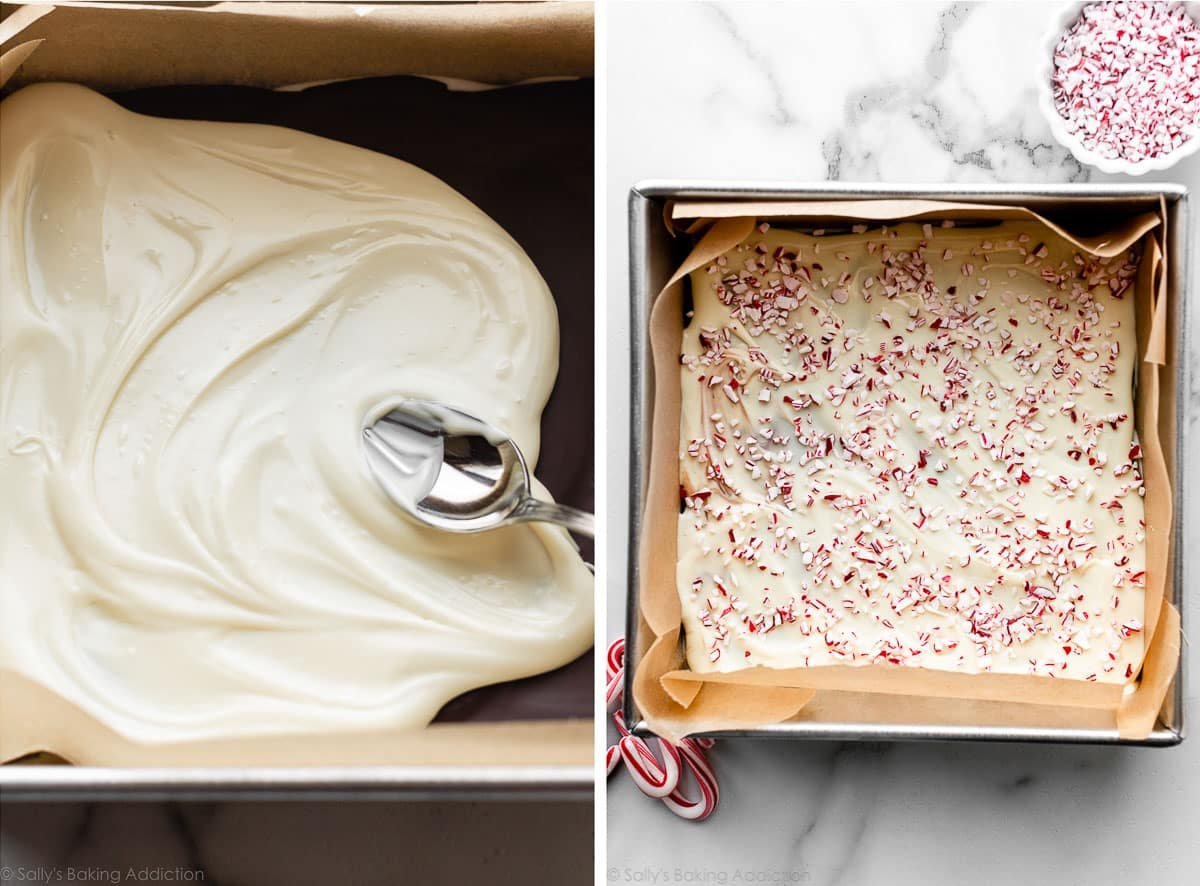 spreading melted white chocolate on set chocolate layer and square pan of candy cane-topped white chocolate.