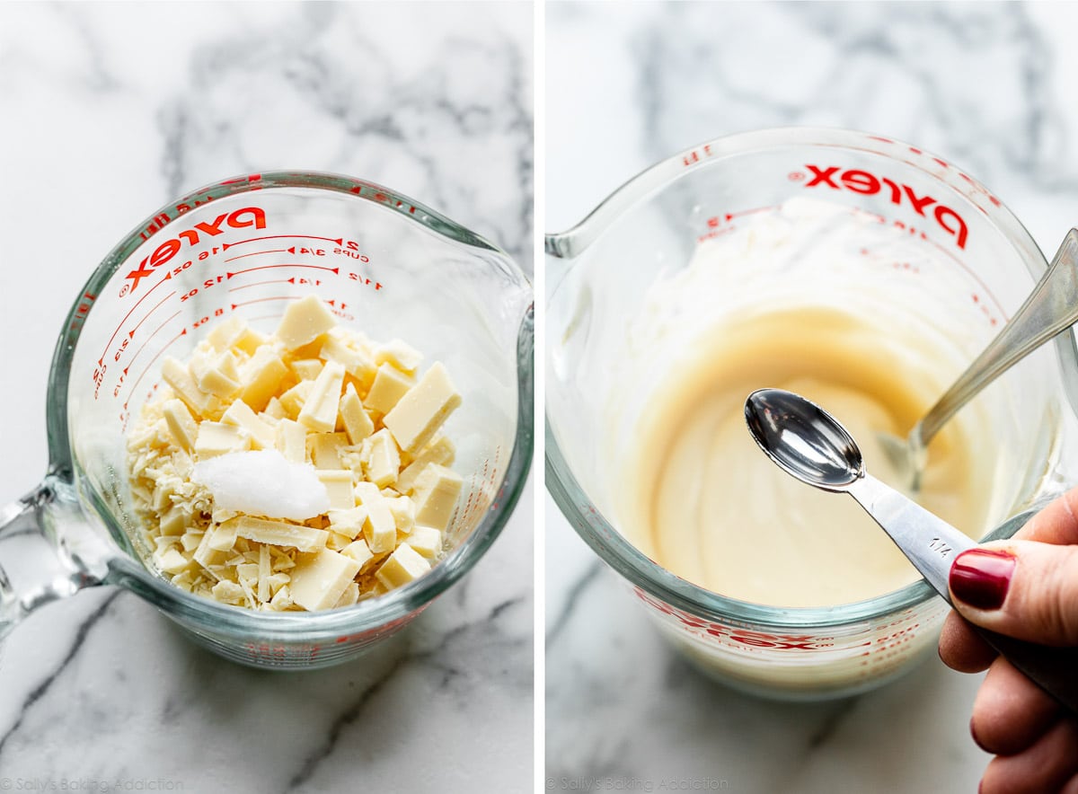 chopped white chocolate with coconut oil and shown again melted in liquid measuring cup.