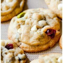 3 images of white chocolate cranberry pistachio cookies including cookie dough balls and baked cookies