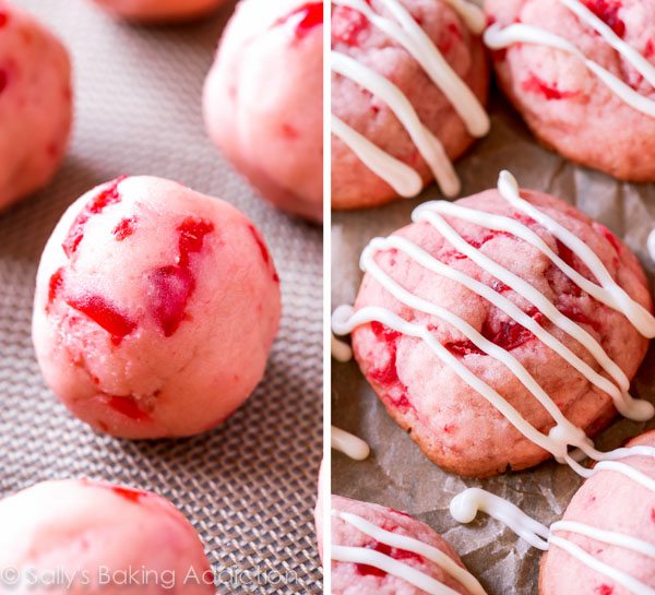 2 images of cherry almond shortbread cookie dough balls and cherry almond shortbread cookies with white chocolate drizzle