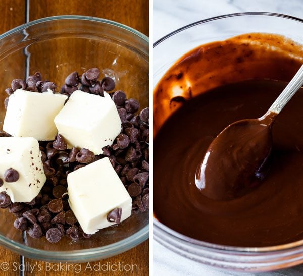 2 images of butter and chocolate chips in a glass bowl and melted chocolate and butter in a glass bowl with a spoon