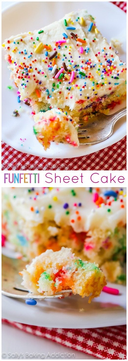 2 images of slices of funfetti sheet cake topped with vanilla frosting and sprinkles on white plates with a fork